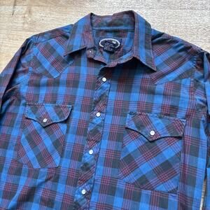 WB Western Wear Shirt Mens M Tall Red Blue Pearl Snap Plaid Cowboy Rodeo Vintage